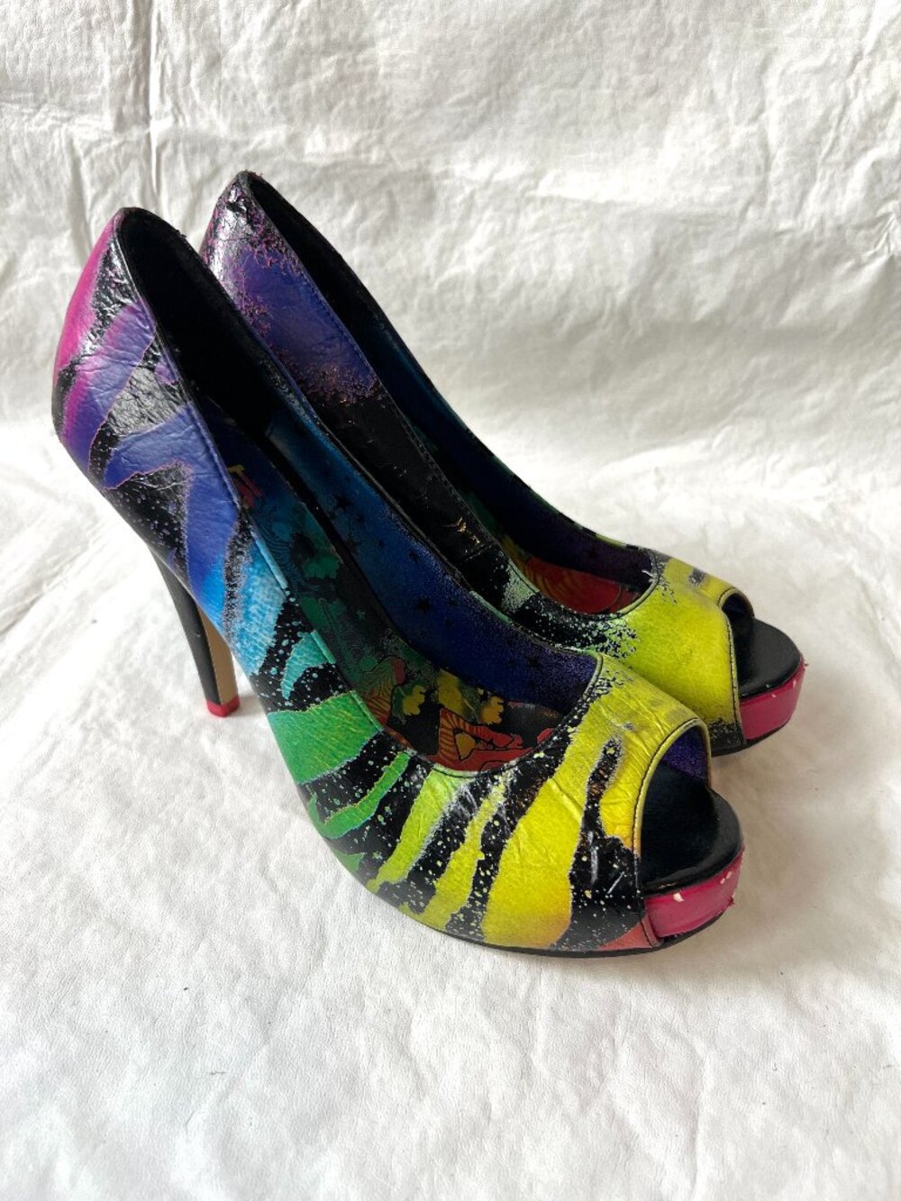 Iron Fist pumps Zebracorn high heel stilettos peep toe rainbow stripe size 9